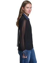 Karl Lagerfeld Paris Women's Denim Collar and Cuff Crinkle Chiffon Button-Up Top