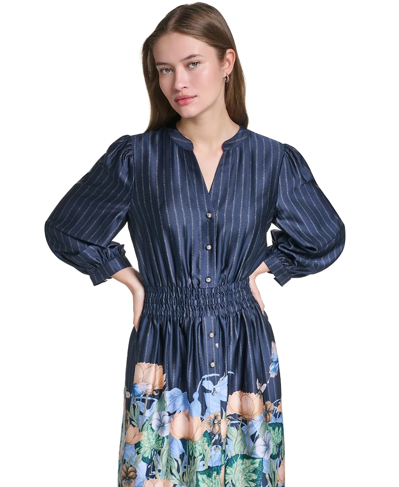 Karl Lagerfeld Paris Women's Striped Floral 3/4-Sleeve Button-Front Dress