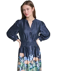 Karl Lagerfeld Paris Women's Striped Floral 3/4-Sleeve Button-Front Dress