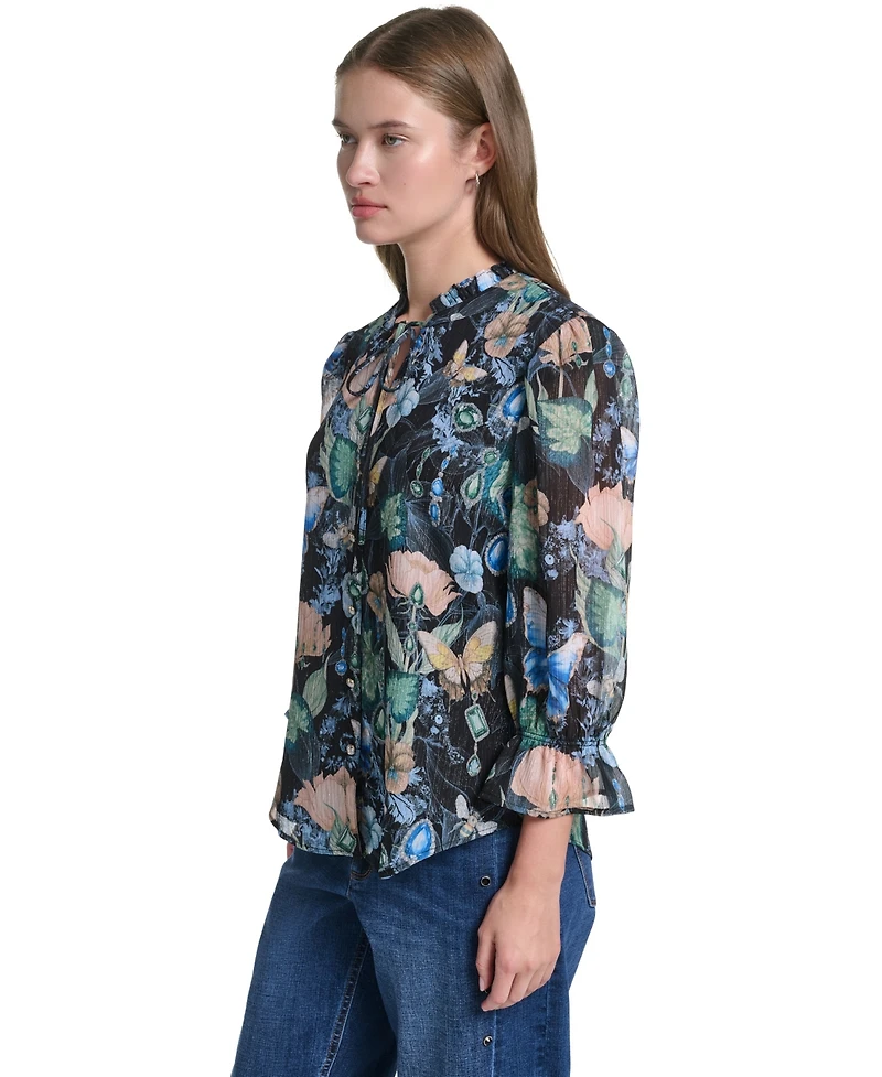 Karl Lagerfeld Paris Women's Ruffle Collar Printed Chiffon Button-Up Blouse