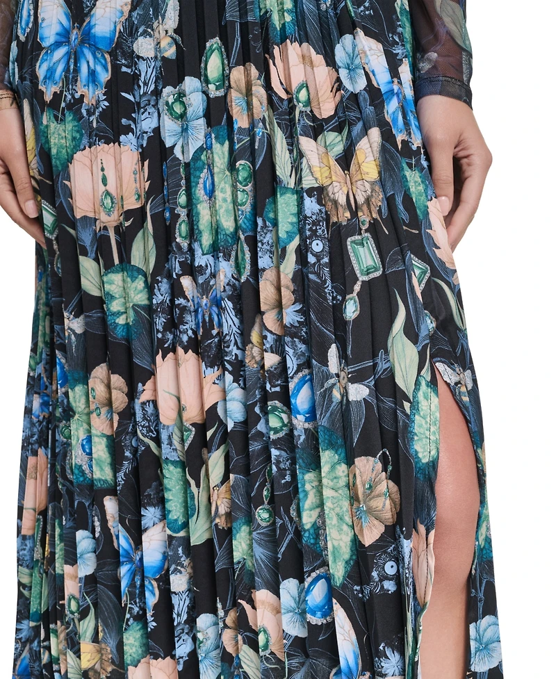 Karl Lagerfeld Paris Women's Printed Mesh Long-Sleeve Crewneck Dress