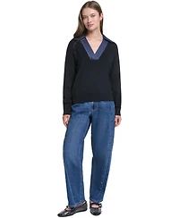 Karl Lagerfeld Paris Women's Denim Collar V-Neck Sweater