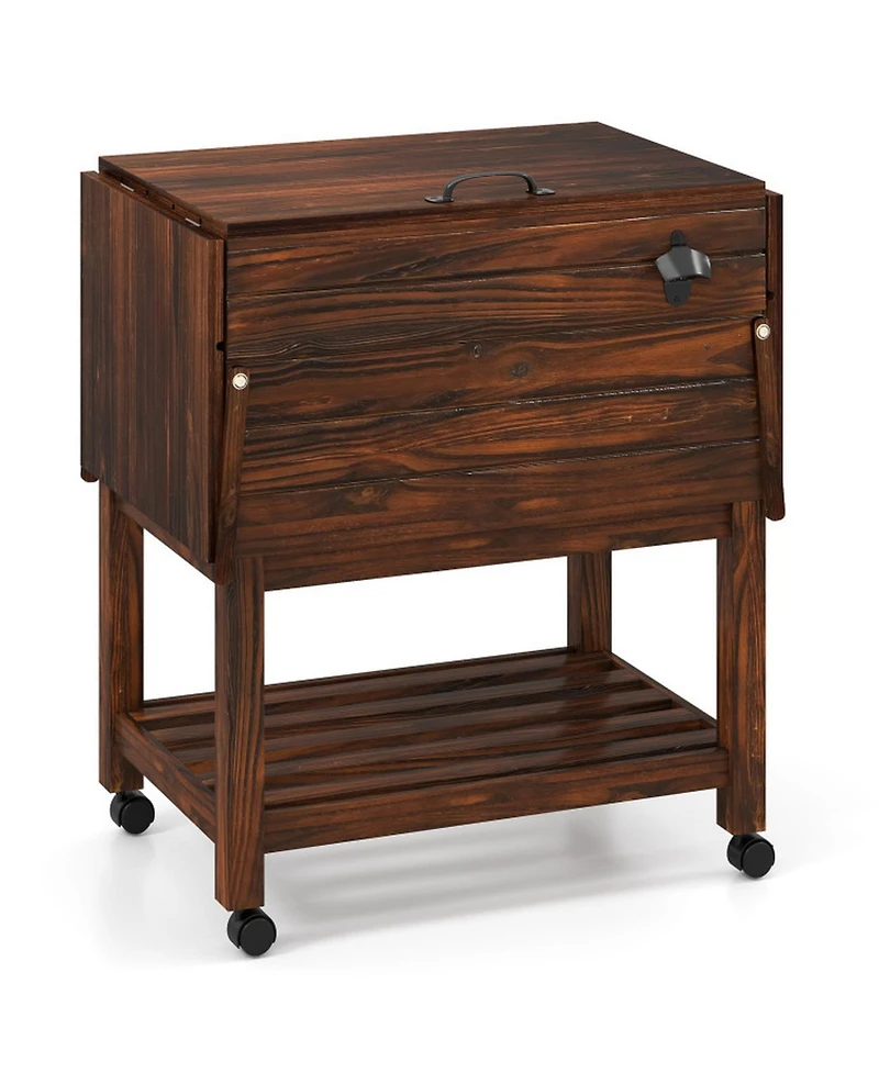 Sugift 54 Quart Wooden Patio Cooler Cart Rolling Ice Chest with Folding Side Shelves