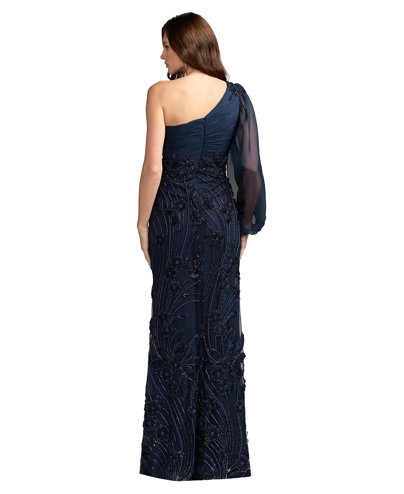 Mac Duggal Petite One Shoulder Chiffon Gown with Embroidered Floral Skirt