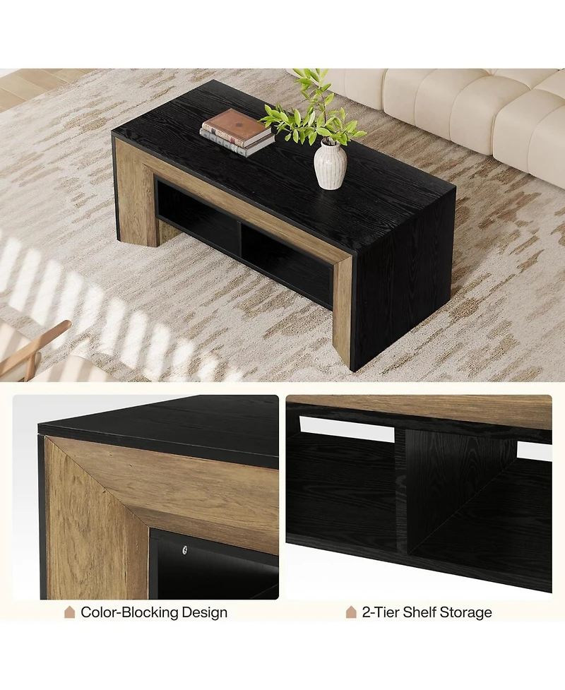 Tribesigns Rectangular Coffee Table with 2-Tier Storage,Wood Center Table with Durable Trapezoidal Legs for Living Room,Heavy Duty