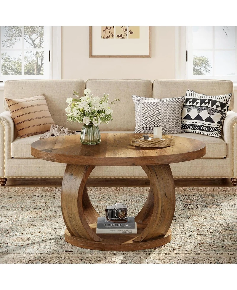 Tribesigns Round Coffee Table,2-Tier Circle Coffee Table with Storage,Farmhouse Wooden Center Furniture for Living Room,Small Space