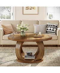 Tribesigns Round Coffee Table,2-Tier Circle Coffee Table with Storage,Farmhouse Wooden Center Furniture for Living Room,Small Space