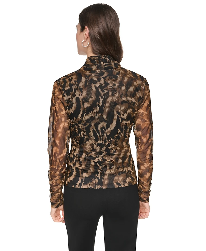 Dkny Women's Printed Mesh V-Neck Long-Sleeve Top