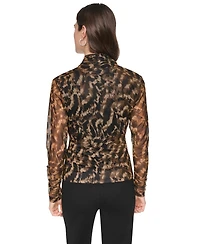 Dkny Women's Printed Mesh V-Neck Long-Sleeve Top
