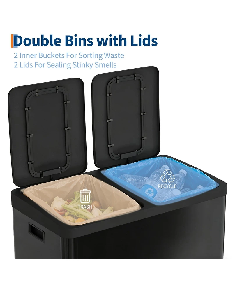 gaomon 2×10.6-gallon double-bin stainless steel trash can set with a foot pedal and soft-close lid, suitable for kitchens, living rooms, bedrooms