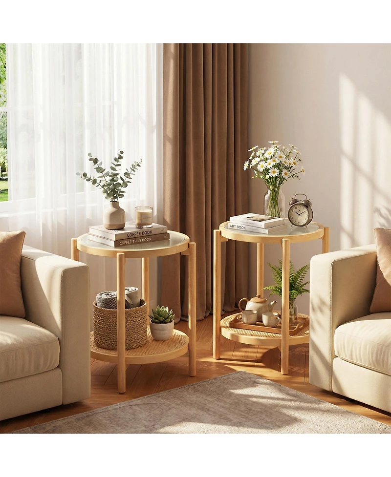 Gymax Room > End and Side Tables Gymax 2PCS Round Side Table w/Tempered Glass Top Storage Shelf Acacia Wood Legs