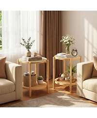 Gymax Room > End and Side Tables Gymax 2PCS Round Side Table w/Tempered Glass Top Storage Shelf Acacia Wood Legs