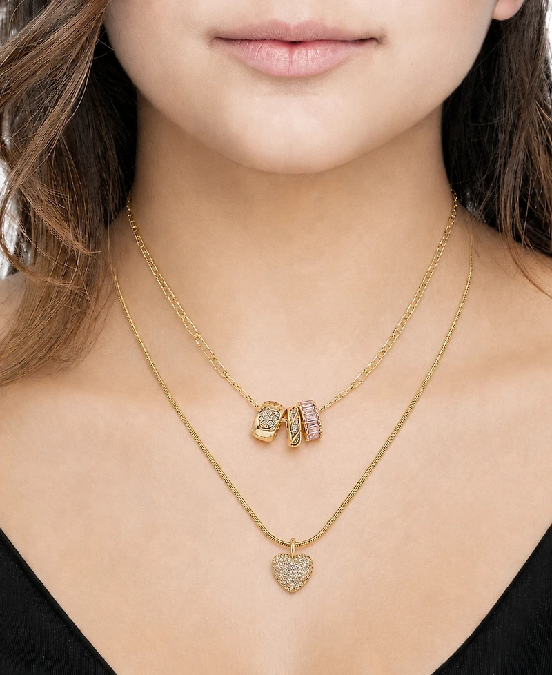 And Now This Cubic Zirconia Gold-Tone Plated Multi Color Stone Double Layer Rondelle and Heart Pendant Necklace