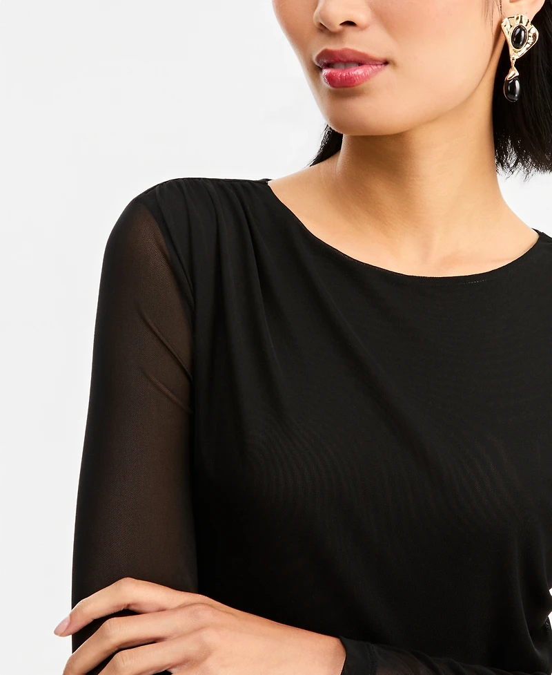 I.n.c. International Concepts Women's Long-Sleeve Ruched Mesh Blouse, Macy's Exclusive