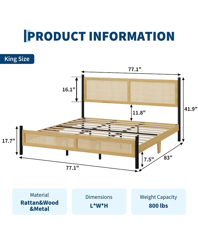 Gaomon Rattan Bed Frame with woven headboard and footboard, sturdy slatted support, no box spring needed, perfect for bedroom