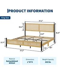 Gaomon Rattan Bed Frame with woven headboard and footboard, sturdy slatted support, no box spring needed, perfect for bedroom