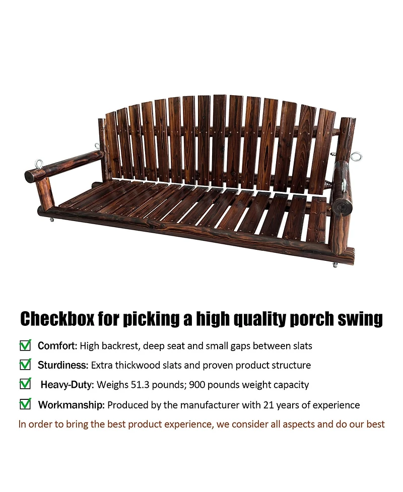 Innovaze 5 Ft Rustic Log Wooden Porch Swing, Outdoor Hanging Bench for Patio, Garden, Yard – Solid Fir Wood, Handcrafted, Weather-Resistant Finish
