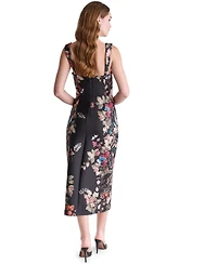 Bcbg Women's Floral Print Square Neck Satin Midi Dress