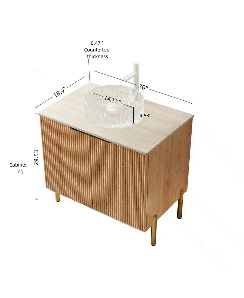 Sillysis 30 Inch Bathroom Vanity with Glass Vessel Sink, Sintered Stone Top, Modern Wood Grain Cabinet, Soft Close Storage