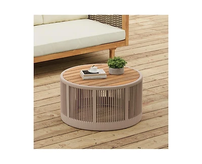 sumyeg Acacia Wood Coffee Table 26 Inch Round Industrial Accent Table with Rope and Iron Frame