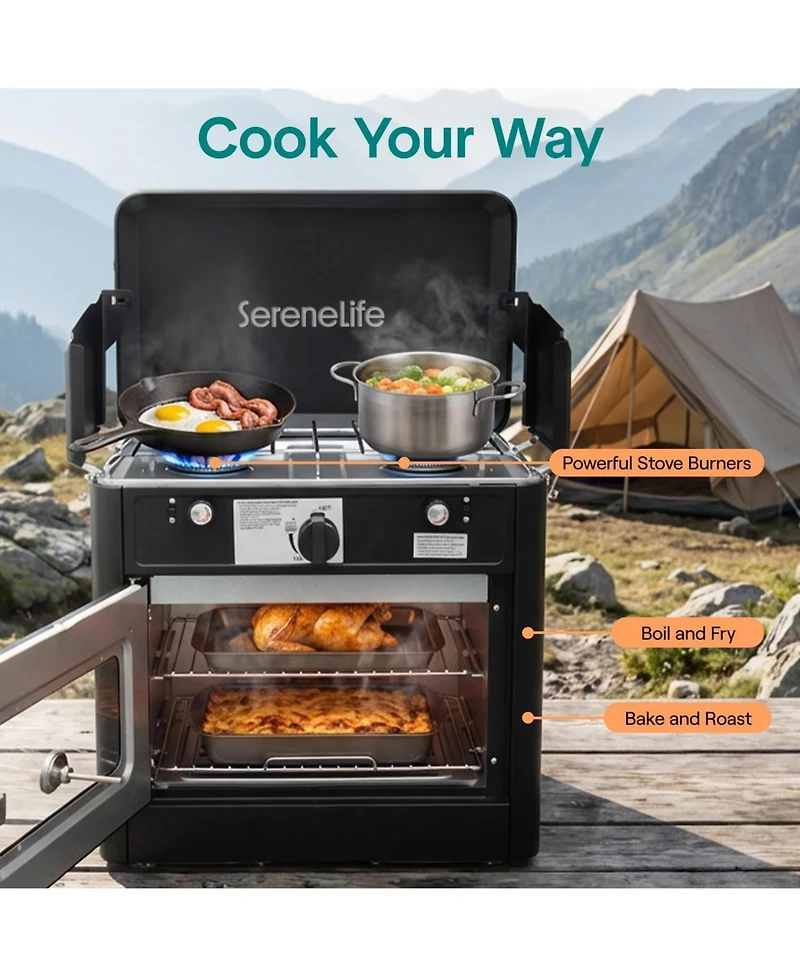 SereneLife 3-in-1 Camping Stove Oven Combo - Outdoor Camp Oven with 2 Burners, Piezo Ignition and Temperature Control
