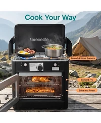 SereneLife 3-in-1 Camping Stove Oven Combo - Outdoor Camp Oven with 2 Burners, Piezo Ignition and Temperature Control