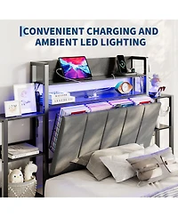 gaomon Twin Size Upholstered Bed Frame with Hidden Headboard Storage, Led Lights, Charging Station