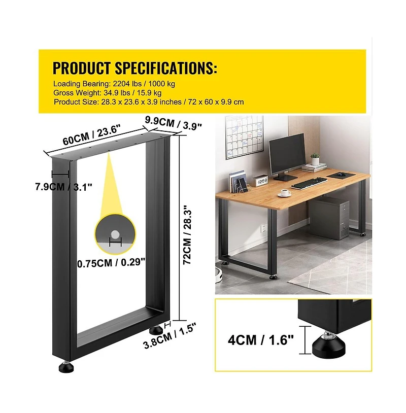 Sugift Heavy Duty Metal Dining Table Legs Set of 2, 28 x 24 in Box Section Square Frame
