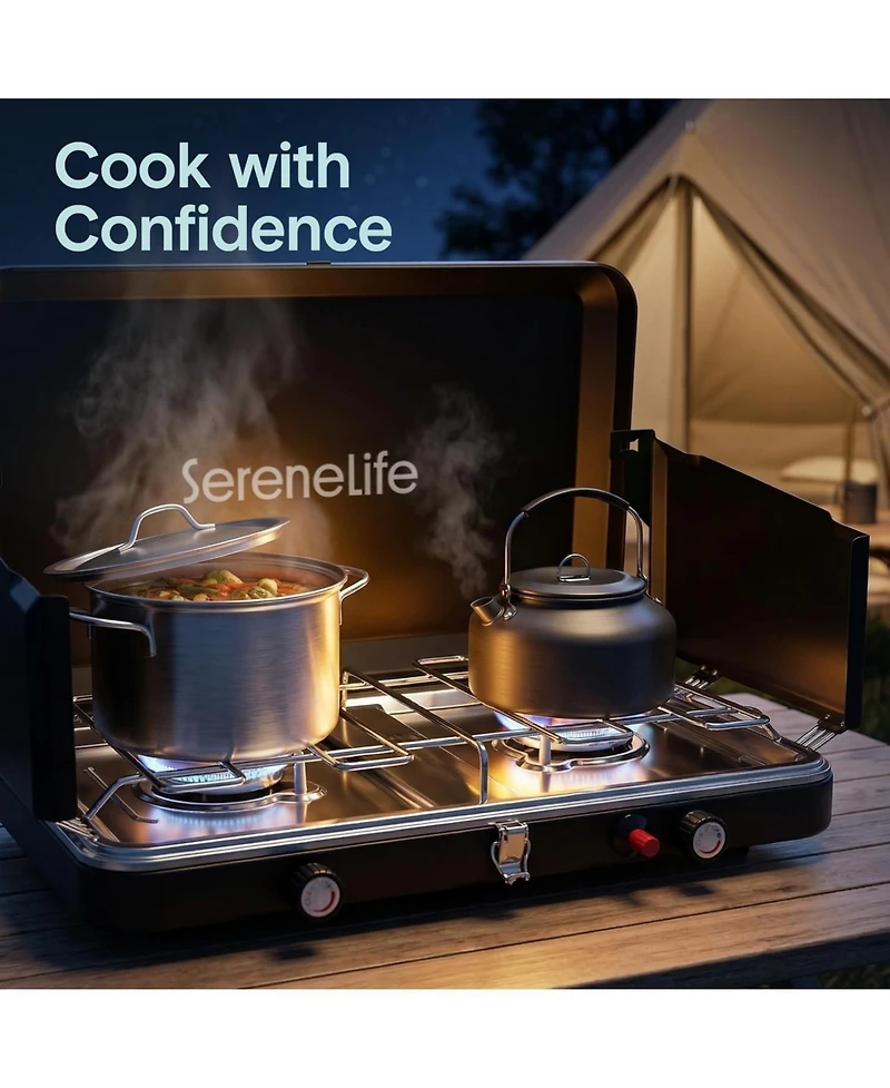 SereneLife 2 Burner Propane Camping Stove - 24,400 Btu Portable Camp Stove with Wind Guards and Push Button Ignition