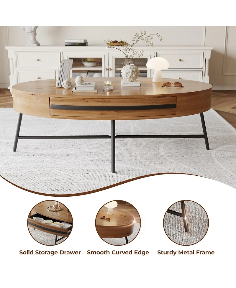 homfan Mid-Century Modern Oval Coffee Table with Drawer - 47.2" Wooden Center Table with Cross Metal Legs, Ample Storage and Curved Design