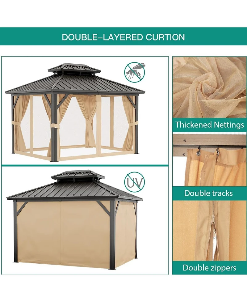 gaomon Gazebo Hardtop Gazebo with Double Roof, Aluminum Pergola with Aluminum Frame, Netting and Curtains, Outdoor Gazebos Canopy for Patio