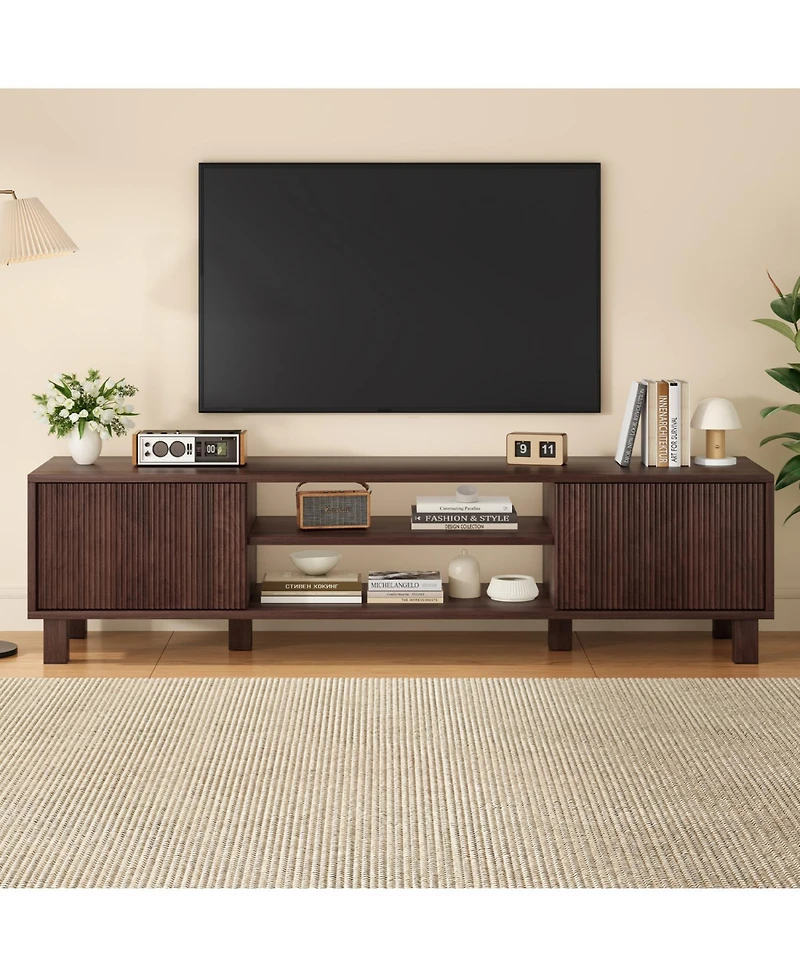 Rainsken Modern Fluted Tv Stand for Up to 70'' Tvs, with Storage and Open Shelves, TV Console with Adjustable Shelves, for Living Room Bedroom