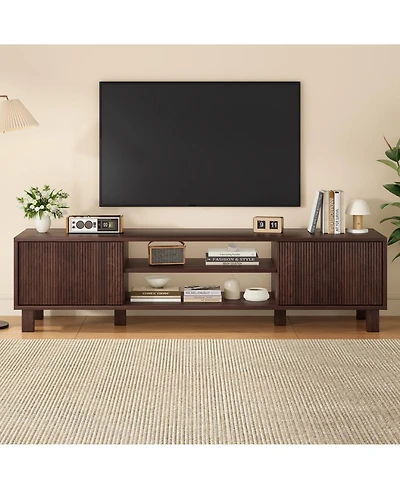 Rainsken Modern Fluted Tv Stand for Up to 70'' Tvs, with Storage and Open Shelves, TV Console with Adjustable Shelves, for Living Room Bedroom