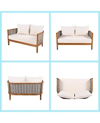Asagikoiai 4-Piece Outdoor Woven Rope Sofa Set with Acacia Wood Frame for Patio Backyard