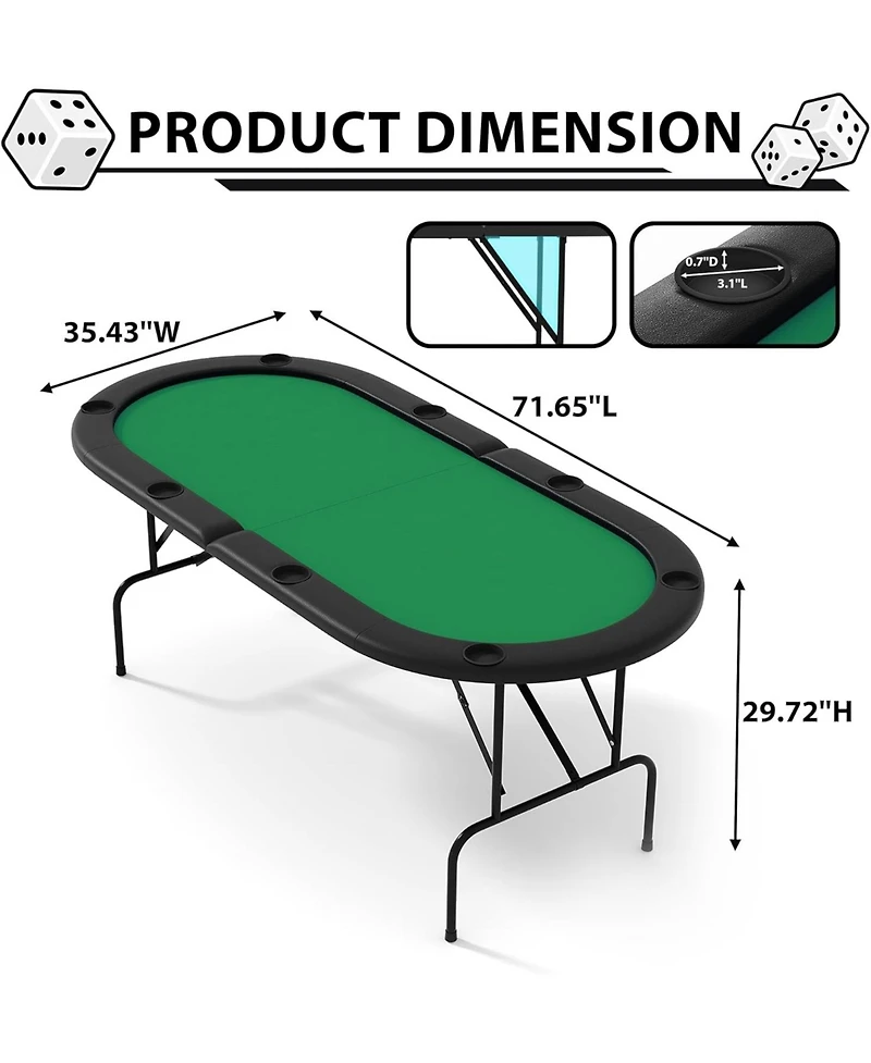 homfan 71" Collapsible Oval Poker Table for 8 Casino-Style Game Table with Padded Rails and Cup Holders, Folding Legs for Texas Holdem or Blackjack
