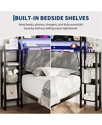 gaomon Full Size Upholstered Bed Frame with Hidden Headboard Storage, Led Lights, Charging Station