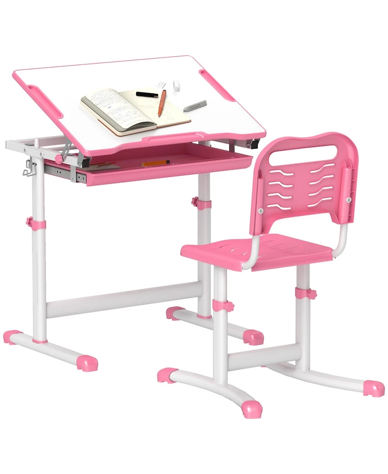Clihome Kids Desk Chair Set Adjustable Children Study Table with Storage Drawer, Tiltable Desktop