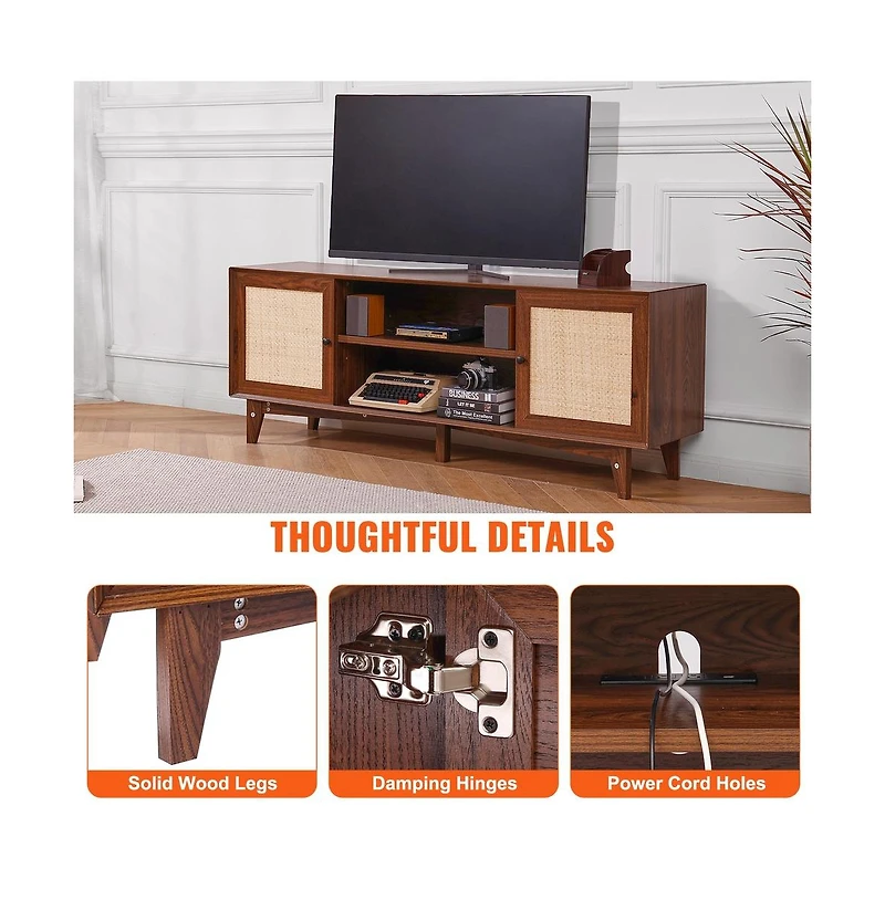 Sugift Rattan Tv Stand for 75 in Tv, 66 in Boho Entertainment Center with Built-In Power Strip and Storage Cabinets