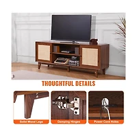 Sugift Rattan Tv Stand for 75 in Tv, 66 in Boho Entertainment Center with Built-In Power Strip and Storage Cabinets