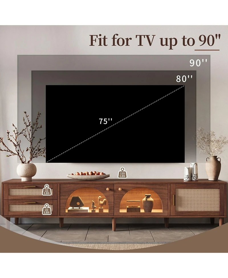 Rainsken 70.8" Led Tv Stand, with 3 Cabinets and 2 Drawers, Rattan-Inspired Media Console Tablem, with App Controlled, for Living Room, Bedroom