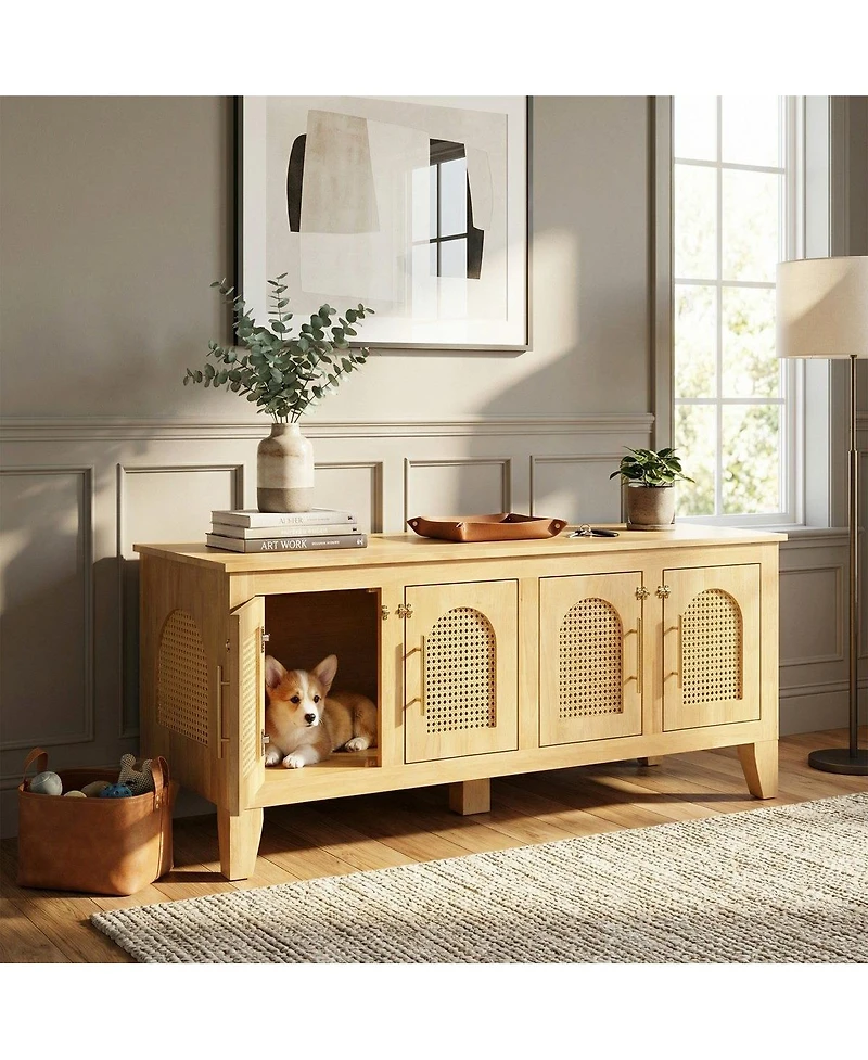 6thdruple Rattan Decor Dog Crate, Rubber Wood Cabinet Furniture with 4 Doors for Living Room