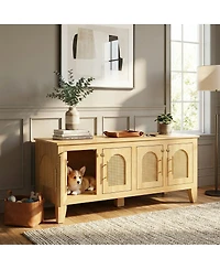 6thdruple Rattan Decor Dog Crate, Rubber Wood Cabinet Furniture with 4 Doors for Living Room