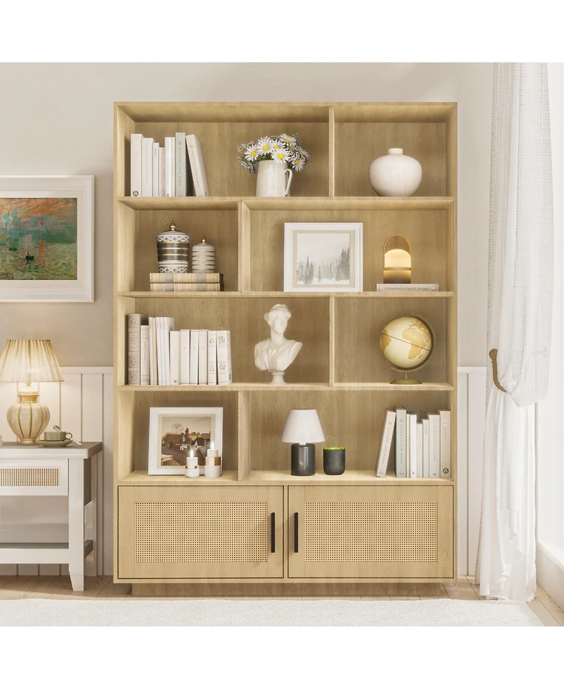homfan 5-Tier Boho Bookcase with Rattan Doors – Tall Wooden Bookshelf with Open Shelves for Living Room or Bedroom