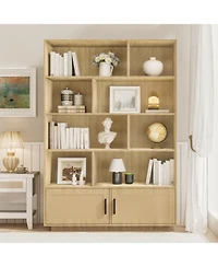 homfan 5-Tier Boho Bookcase with Rattan Doors – Tall Wooden Bookshelf with Open Shelves for Living Room or Bedroom
