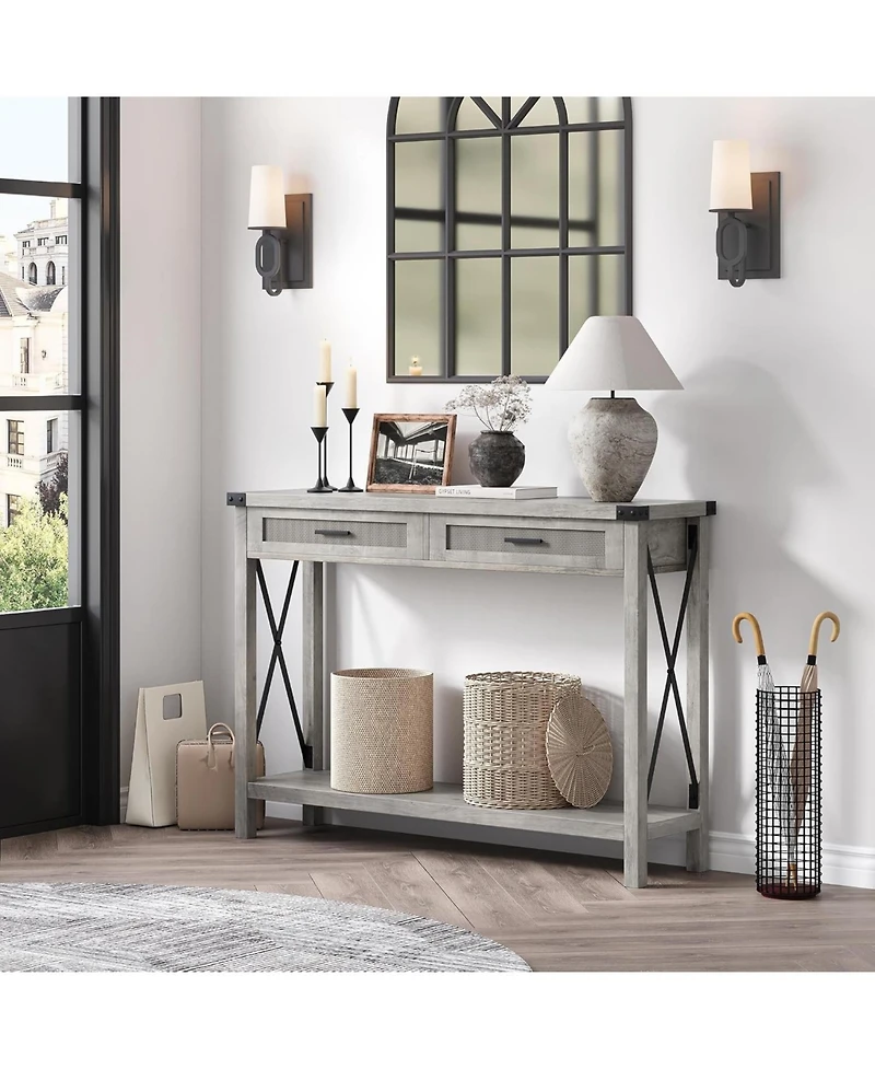 homfan 43" Burlywood and Grey Console Table with Rattan Drawers and Storage Shelf, Entryway Sofa Table