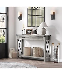homfan 43" Burlywood and Grey Console Table with Rattan Drawers and Storage Shelf, Entryway Sofa Table