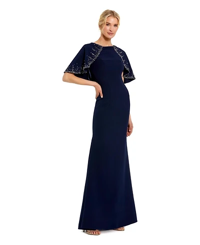 Mac Duggal Women's Crepe High Neck Fitted Gown With Beaded Shawl