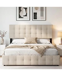 Slickblue Queen Upholstered Headboard with Quilted Grid Linen Fabric
