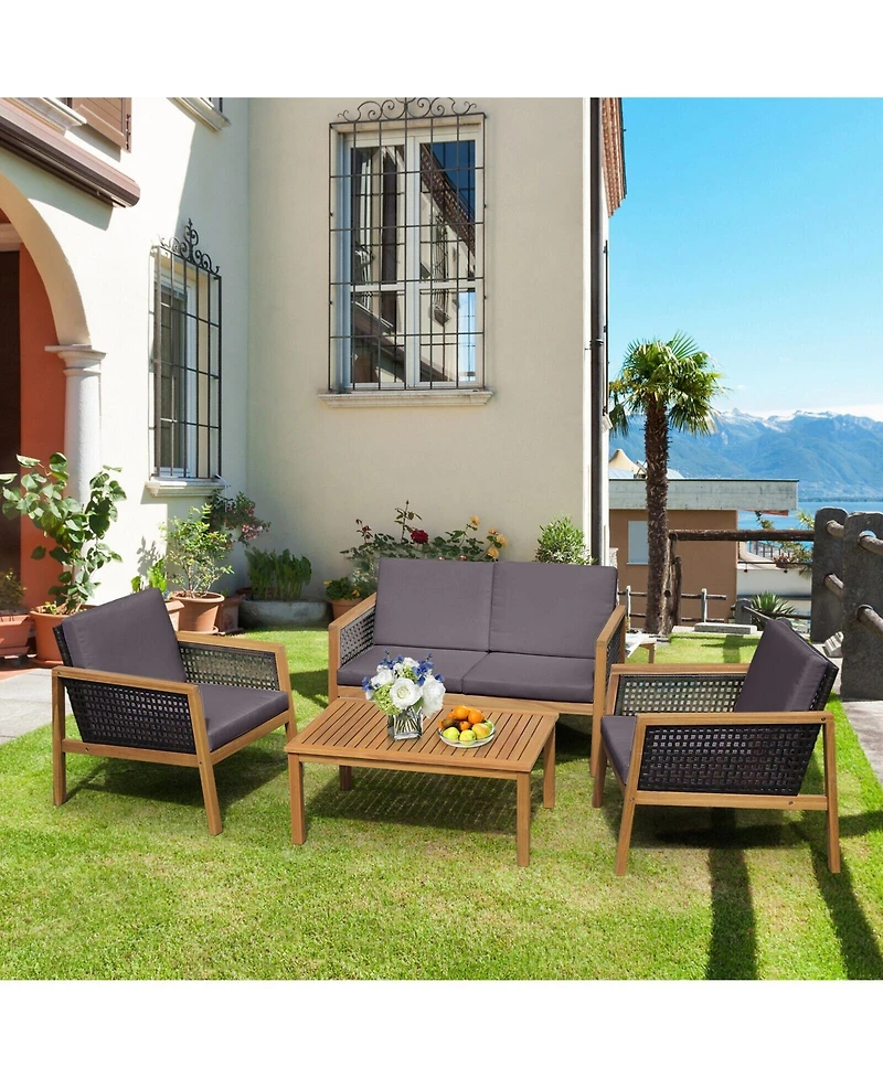 4 Pieces Patio Rattan Furniture Set with Removable Cushions