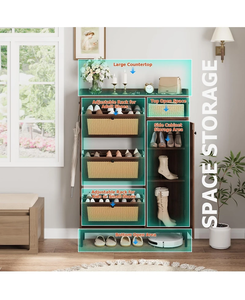 gaomon Space-Saving Rattan Shoe Cabinet 3 Turn-style Drawers and 4 Open Side Shelves, Adjustable Shelves, Slim Freestanding Entryway Shoe Organizer